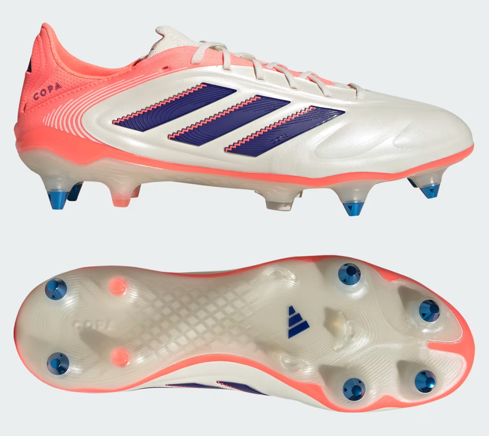 Close-up of a Soft Ground (SG) boot with metal-tipped studs (Adidas Copa SG)