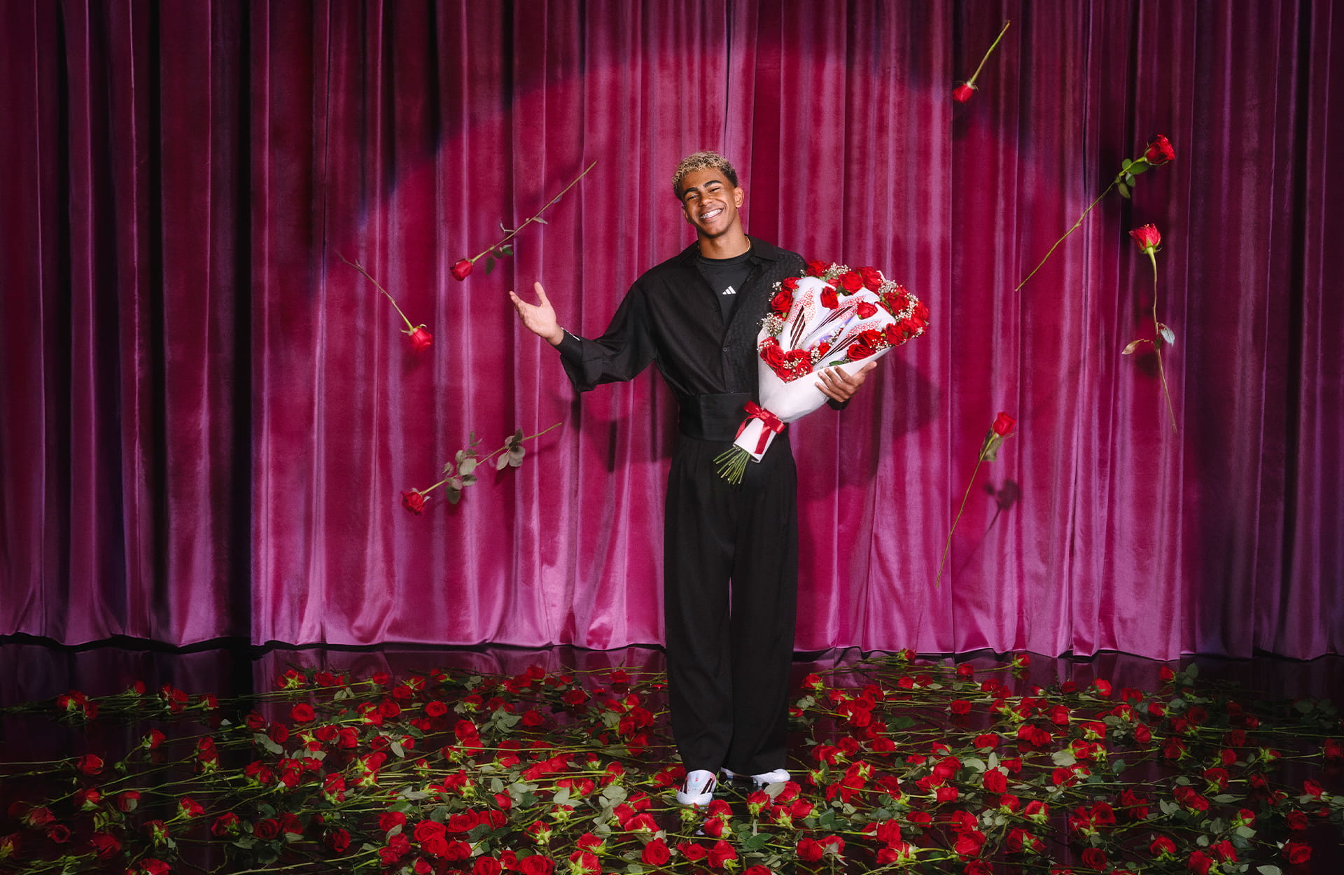 Adidas F50 Lamine Yamal Heartbreaker 2026 signature boot in white with red rose graphics inspired by Barcelona's Dia de Sant Jordi