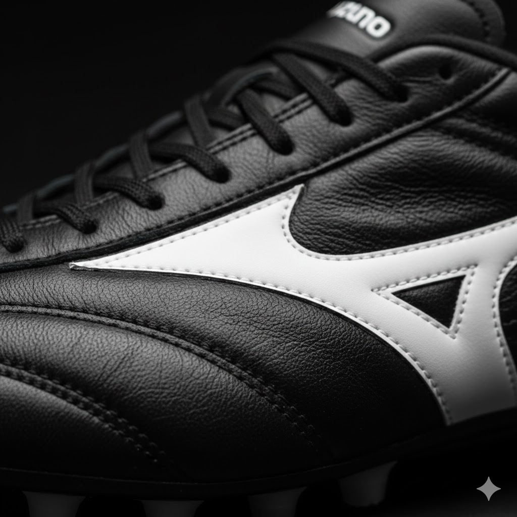 Close-up of the premium leather on a Mizuno Morelia boot