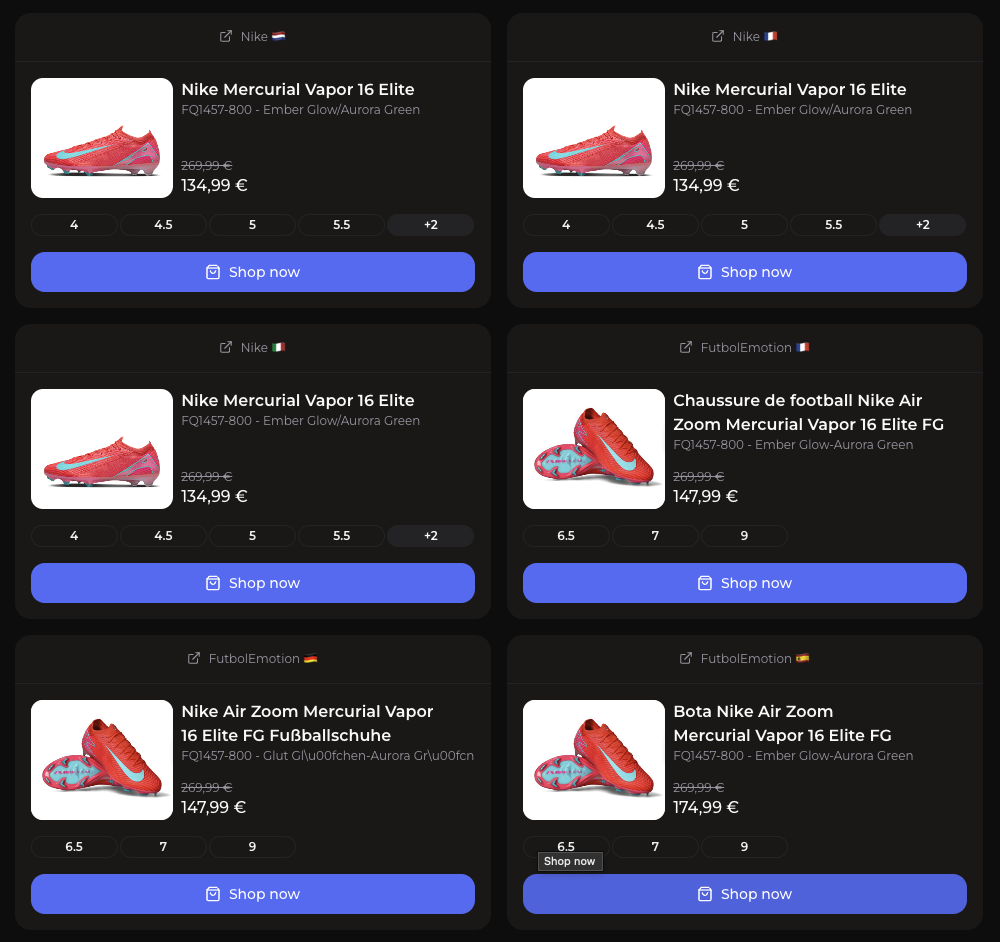 A screenshot of the Boots Tracker interface showing price comparison for a boot